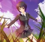  1girl amagami black_eyes black_hair blurry cloud clouds depth_of_field grass lens_flare nanasaki_ai ok-ray outstretched_arms pleated_skirt school_uniform short_hair skirt smile solo spread_arms swing swing_set 