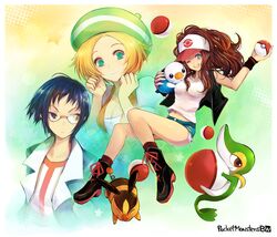  bel_(pokemon) bell_(pokemon) black_eyes black_hair blonde_hair blue_eyes blush breasts brown_hair cheren_(pokemon) cleavage denim denim_shorts glasses green_eyes hat kara_(color) legs long_hair oshawott poke_ball pokemon pokemon_(game) pokemon_black_and_white pokemon_bw polka_dot short_hair short_shorts shorts smile snivy star tepig touko_(pokemon) wink wristband 