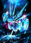  ? blue blue_eyes blue_hair bow cirno dress fang glowing hair_bow ice ice_wings kneehighs large_bow magic magic_circle neck_ribbon outstretched_arms reflection ribbon salay short_hair solo spread_arms standing_on_one_leg touhou white_legwear wings ⑨ 