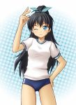  blue_eyes buruma ganaha_hibiki gym_uniform idolmaster long_hair ponytail utomo wink 