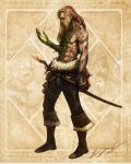  boots claws jewelry long_hair muscle mutation necklace pants pirate sad skull sword tattoo topless weapon 