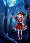  ankle_lace-up bare_tree basket blonde_hair bow bowtie capelet cross-laced_footwear dress flandre_scarlet forest full_moon grimm's_fairy_tales highres hood leg_ribbon little_red_riding_hood little_red_riding_hood_(character) little_red_riding_hood_(grimm) moon nataku39 nature night parody picnic_basket red_eyes short_hair side_ponytail solo stuffed_animal stuffed_bunny stuffed_rabbit stuffed_toy touhou tree wings 