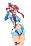  blue_eyes blush fuuro_(pokemon) galsink gloves gym_leader hair_ornament hand_on_hip highres holding holding_poke_ball long_hair midriff navel open_clothes open_mouth poke_ball pokedex pokemon pokemon_(game) pokemon_black_and_white pokemon_bw red_hair redhead short_shorts shorts simple_background sitting smile solo suspenders wariza white_background 