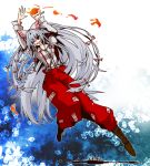  1girl arms_up boots bow chika009 fire fujiwara_no_mokou grey_hair grin hair_bow long_hair pants red_eyes smile solo suspenders touhou wink 