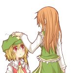  ascot blonde_hair blush closed_eyes flandre_scarlet hand_on_hat hat hat_removed headwear_removed headwear_switch hong_meiling looking_up multiple_girls natsuk red_eyes red_hair slit_pupils smile touhou 