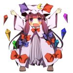  \o/ bad_id blush bow chibi crescent crystal hair_bow hair_ribbon hat long_hair moon open_mouth outstretched_arms pasutel patchouli_knowledge purple_eyes purple_hair ribbon solo spread_arms touhou violet_eyes 