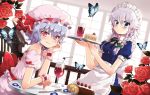  ahoge arm_support bare_shoulders bat_wings blue_eyes bow braid butterfly cake chair chiba_sadoru drink dutch_angle flower food fork glass hair_bow hat highres izayoi_sakuya lavender_hair licking_lips maid maid_headdress red_eyes red_rose remilia_scarlet rose short_hair silver_hair sitting slit_pupils solo straw table tongue touhou tray twin_braids wings wrist_cuffs 