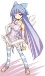  bare_shoulders blue_eyes blue_hair bow hair_bow hand_on_hip legs panty_&amp;_stocking_with_garterbelt sandals simple_background skirt solo stocking_(character) stocking_(psg) striped striped_legwear striped_thighhighs thigh-highs thighhighs wink yumesato_makura 