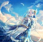  blue_eyes cage cloud clouds cover dress feathers hair_ornament highres long_hair minami_seira original sky white_hair 