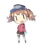  &gt;:d 1girl :d =d bangs blue_fire brown_hair chibi collared_shirt fire hand_on_hip japanese_clothes kantai_collection kariginu kneehighs magatama open_mouth pleated_skirt ryuujou_(kantai_collection) simple_background skirt smile solo standing thigh_strap tunamayochan twintails visor_cap white_background white_legwear |_| 