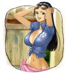  1girl arms_up black_hair breasts brown_eyes cleavage grin large_breasts long_hair looking_at_viewer midriff navel nico_robin one_piece open_mouth sarong short_sleeves smile solo sunglasses sunglasses_on_head suyu38 unzipped zipper 