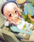  breast_squeeze breasts cleavage coat god_(sumaga) hat headphones highres kindergarten large_breasts long_hair nitroplus open_mouth pink_eyes pink_hair raglan_sleeves school_hat smile soniko sumaga super_sonico super_soniko tsuji_santa 