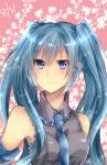  akiduki_kozue bad_id blue_eyes blue_hair detached_sleeves hatsune_miku long_hair necktie smile solo twintails vocaloid 