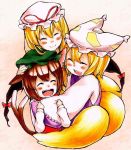  artist_request chen gap happy hat highres mashita_(olheg) ribbon short_hair touhou yakumo_ran yakumo_yukari 