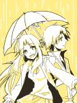  blue_(pokemon) hand_on_hip jacket leaf_(pokemon) no_hat no_headwear oekaki open_mouth pokemon pokemon_(game) pokemon_firered_and_leafgreen pokemon_rgby popped_collar rain red_(pokemon) red_(pokemon)_(remake) skirt smile umbrella vest 