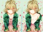  1boy blush collarbone crossdressinging dress green_eyes hair_over_one_eye heart jacket junekun looking_at_viewer male_focus nipples open_clothes open_jacket original solo trap 