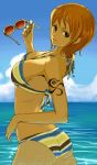  1girl ass bikini blue_sky breasts butt_crack clouds holding holding_sunglasses looking_back nami ocean one_piece orange_hair outdoors short_hair sky solo striped striped_bikini striped_swimsuit sunglasses sunglasses_removed suyu38 swimsuit tattoo water 