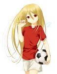  afuro_terumi aphrodi ball blonde_hair hair_twirling holding inazuma_eleven long_hair p.kibi red_eyes shorts soccer_ball t-shirt telstar trap 