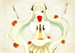  apple bad_id bandage_over_one_eye eyepatch food fork fruit fruit_background green_eyes green_hair hair_ribbon hatsune_miku holding holding_fruit knife koto2 long_hair ribbon skirt solo top_secret_(vocaloid) twintails vocaloid 