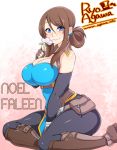  1girl agawa_ryou blue_eyes boots borrowed_character breasts brown_hair character_name cleavage elbow_gloves fingerless_gloves flower folded_ponytail gloves knee_boots large_breasts long_hair original payot sitting skin_tight sleeveless smile solo 