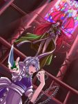  braid chain china_dress chinese_clothes dutch_angle foreshortening green_eyes hong_meiling izayoi_sakuya knife long_hair maid maid_headdress multiple_girls pandora_(angelfeather-heart) pink_eyes pocket_watch red_hair redhead short_hair silver_hair stained_glass touhou twin_braids very_long_hair watch wings 