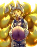  artist_request bad_id blonde_hair colored_eyelashes eyelashes food fox_tail hands_in_sleeves hat head_tilt highres mouth_hold multiple_tails sakuyosi solo tail touhou yakumo_ran yellow_eyes 