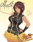  1girl agawa_ryou belt borrowed_character braid breasts brown_hair character_name dark_skin detached_sleeves frilled_skirt frills hand_on_hip large_breasts light_smile lips long_hair looking_at_viewer original red_eyes scar skirt slender_waist solo twin_braids 