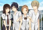  2girls 3u azuki_miho bad_id bakuman black_hair blonde_hair blue_eyes bowtie brown_eyes brown_hair cityscape glasses grin lineup long_hair looking_at_viewer mashiro_moritaka miyoshi_kaya multiple_boys multiple_girls necktie school_uniform skirt smile takagi_akito v wink 