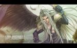  feathers final_fantasy final_fantasy_vii final_fantasy_vii_advent_children green_hair sephiroth silver_hair single_wing sword weapon wings 