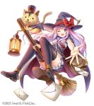  1girl ;d bag black_legwear boots bow broom broom_riding cape cat dansa envelope hat hat_bow highres lantern official_art one_eye_closed open_mouth original outstretched_arm short_sleeves shoulder_bag simple_background smile solo thigh-highs thigh_boots violet_eyes white_background witch_hat 