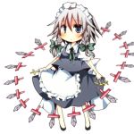  bad_id between_fingers blue_eyes bow braid chibi hair_bow izayoi_sakuya knife knives maid maid_headdress maid_uniform pasutel ribbon short_hair silver_hair solo touhou twin_braids 