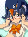  bad_id bird blue_eyes blue_hair blush glasses inazuma_eleven open_mouth otonashi_haruna penguin ribbon short_hair 