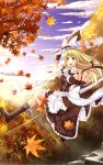  autumn bad_id blonde_hair braid broom broom_riding fingerless_gloves foreshortening gloves hat hat_removed headwear_removed highres holding holding_hat kirisame_marisa leaf long_hair maple_leaf side_braid sky solo swordsouls touhou witch_hat yellow_eyes 