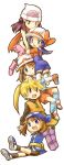  5girls alternate_costume bandana blue_(pokemon) bow bracelet brown_hair crystal_(pokemon) hat jewelry long_hair multiple_girls odamaki_sapphire platinum_berlitz pokemon pokemon_special scarf unagi_(kobucha_blaster) yellow_(pokemon) 