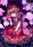  1girl ascot blonde_hair blue_eyes bow dress flower frills hair_bow kneeling lily_of_the_valley medicine_melancholy nine_(pixiv) purple purple_background red_dress serious short_hair size_difference su-san touhou 