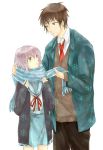  brown_hair cardigan height_difference kyon nagato_yuki necktie purple_hair scarf school_uniform shixino size_difference snowflakes suzumiya_haruhi_no_yuuutsu 