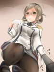  1girl akino_shuu biting black_legwear epaulettes folded_ponytail glasses glove_biting gloves green_eyes kantai_collection katori_(kantai_collection) light_brown_hair military military_uniform necktie panties panties_under_pantyhose pantyhose short_hair solo underwear uniform white_gloves 