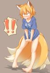  1girl animal_ears bare_legs barefoot blonde_hair blush clothes_writing embarrassed fox_ears fox_tail grey_background multiple_tails no_hat no_pants open_mouth panties short_hair simple_background skirt skirt_pull solo t-shirt tail tamahana touhou underwear white_panties yakumo_ran yellow_eyes 