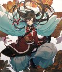  1boy battoujutsu_stance black_hair blue_eyes fighting_stance flower hakama izumi-no-kami_kanesada japanese_clothes katana long_hair shichishou solo sword touken_ranbu very_long_hair weapon 