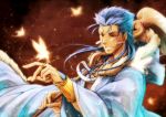  1boy blue_hair cape caster_(fate/grand_order) fate/grand_order fate/stay_night fate_(series) fur_collar hood lancer long_hair mozukuzukuzuku ponytail solo staff 