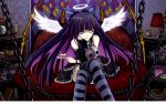  :d angel_wings as109 blue_eyes bow cake chain crossed_legs dress food gothic_lolita hair_bow halo highres lolita_fashion long_hair multicolored_hair panty_&amp;_stocking_with_garterbelt purple_hair sitting smile solo stocking_(character) stocking_(psg) striped striped_legwear striped_thighhighs stuffed_toy thigh-highs thighhighs tongue wallpaper wings 