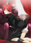  1girl animal_ears barefoot bloomers bow braid cat_ears cat_tail curtains dress hair_bow hair_ornament hasebe_yuusaku kaenbyou_rin kneeling leg_ribbon long_hair long_sleeves looking_at_viewer looking_back multiple_tails one_eye_closed puffy_sleeves red_eyes redhead solo tail tongue tongue_out touhou twin_braids underwear 