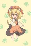  animal_ears apron azuma_takeshi blonde_hair blush cat_ears cat_tail fang food fruit grapes hat highres kemonomimi_mode open_mouth paw_print simple_background solo tail touhou 