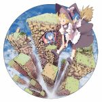  anger_vein angry blonde_hair blue_hair broom broom_riding brown_eyes circle cloud clouds earth flying from_above hat hinanawi_tenshi kirisame_marisa long_hair middle_finger mieharu multiple_girls sky touhou tower witch_hat 