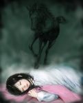  bed_sheet black_eyes black_hair closed_eyes fantasy horse nightgown pon sleeping 