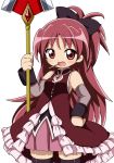  bad_id bare_shoulders black_legwear blush detached_sleeves hand_on_hip hips long_hair magical_girl mahou_shoujo_madoka_magica open_mouth pocky polearm ponytail red_eyes red_hair redhead sakura_kyouko simple_background solo spear thigh-highs thighhighs weapon youri19 zettai_ryouiki 