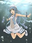  blue_hair bracelet dress hat ikamusume jewelry long_hair looking_at_viewer outstretched_arms shinryaku!_ikamusume solo spread_arms tentacle_hair tentacles underwater water xiao_qiang_(overseas) 