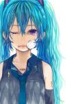  bandages bandaid barcode bare_shoulders blue_eyes blue_hair bust crystal detached_sleeves hatsune_miku heart highres injury long_hair multicolored_eyes necktie solo sono tattoo tears twintails vocaloid wink 