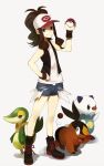  1girl antenna_hair baseball_cap blue_eyes boots brown_hair denim denim_shorts face hand_on_hip hat holding holding_poke_ball long_hair open_mouth oshawott poke_ball pokemon pokemon_(creature) pokemon_(game) pokemon_black_and_white pokemon_bw ponytail shirabi_(life-is-free) shoes short_shorts shorts simple_background smile snivy socks standing tepig touko_(pokemon) vest wristband 