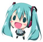 1girl :d blush_stickers chibi detached_sleeves green_eyes green_hair hatsune_miku headset long_hair natsuhime_yuran necktie open_mouth simple_background skirt smile solo thigh-highs twintails very_long_hair vocaloid white_background 